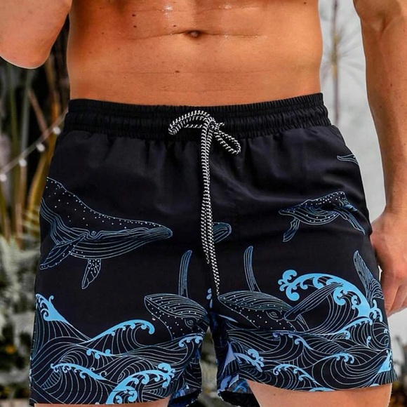 Manfinity Swimmode Men Wave Print Drawstring Waist Swim Trunks - Picture 5 of 5